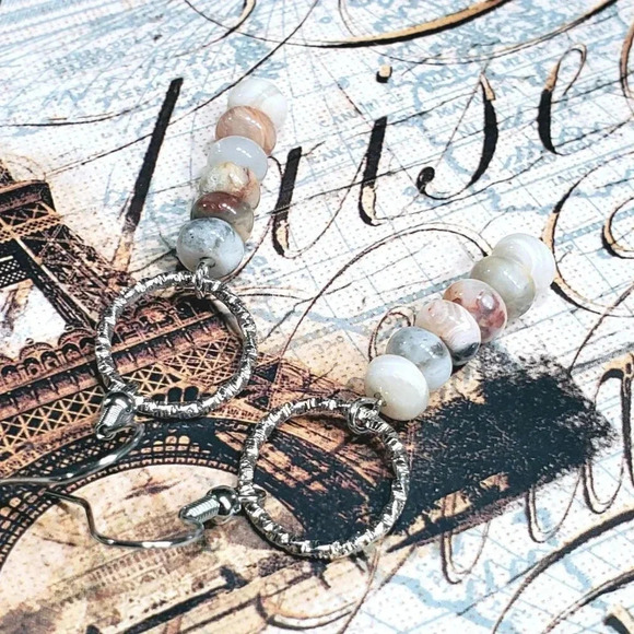 Agate Gemstone Rondelle Beads Textured Silver Ring Handcrafted Earrings - Picture 3 of 11